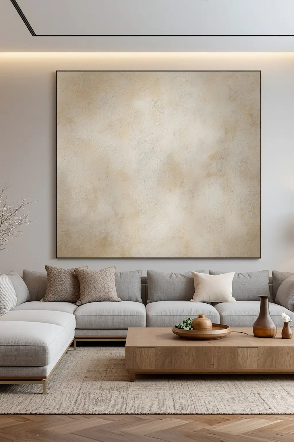 Living room featuring large neutral textured artwork above a sofa
