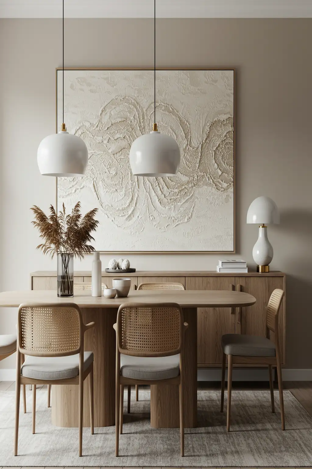 Textured beige wall art displayed in a sophisticated minimalist dining room