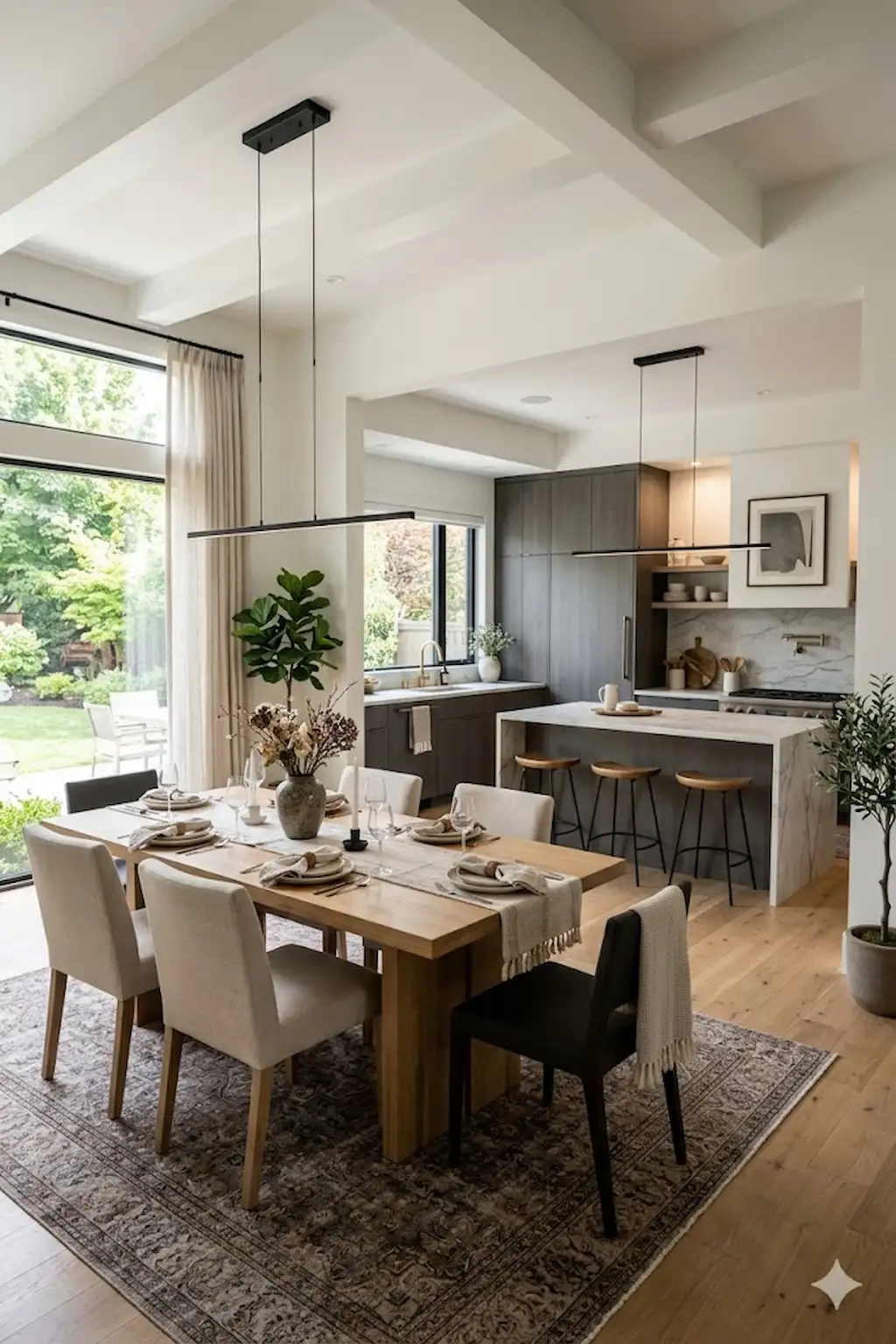 Modern open-concept dining space connected to a stylish kitchen