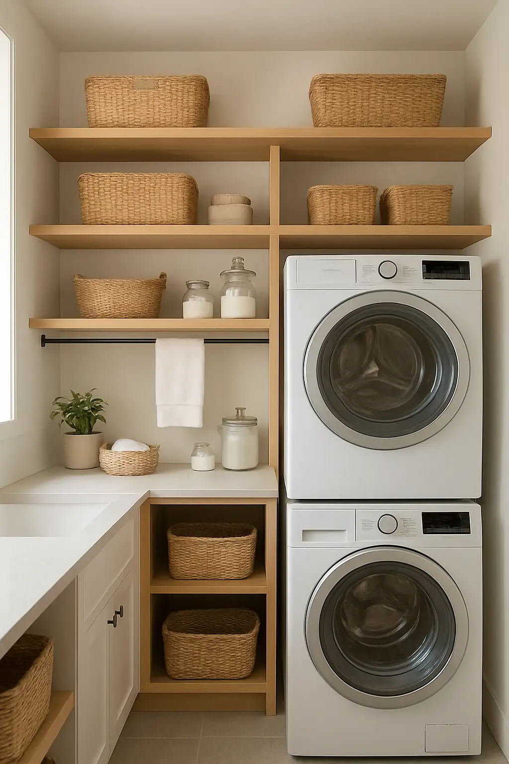 Organized laundry room with open shelving, baskets, and modern appliances