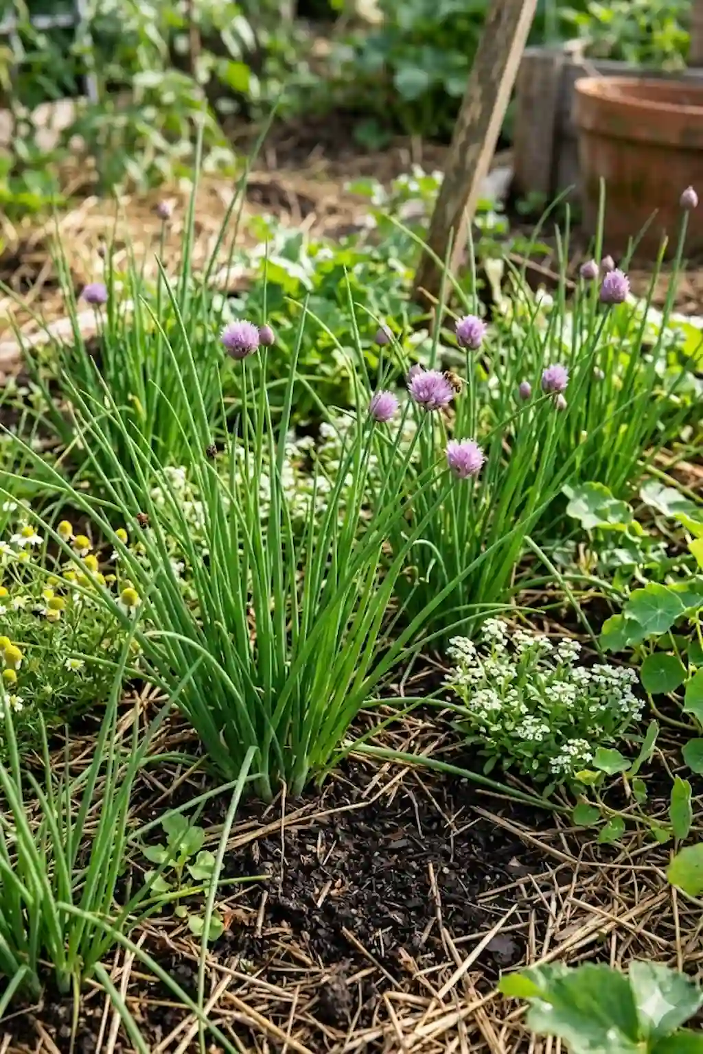 Organic herb garden with healthy chives growing naturally