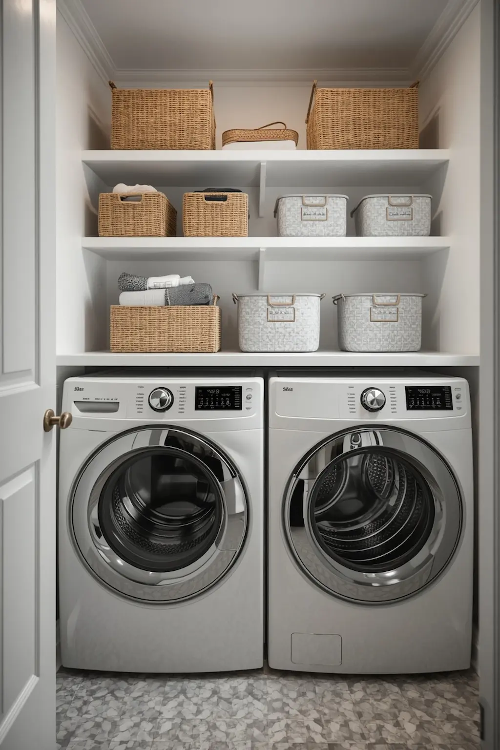 Perfectly organized laundry room with coordinated storage and stylish washer dryer set