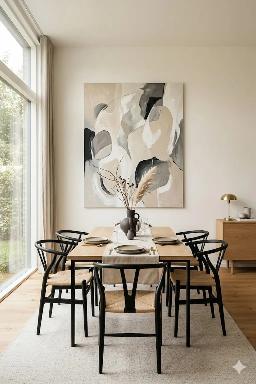 Large abstract wall art displayed above a modern dining table in a minimalist dining room