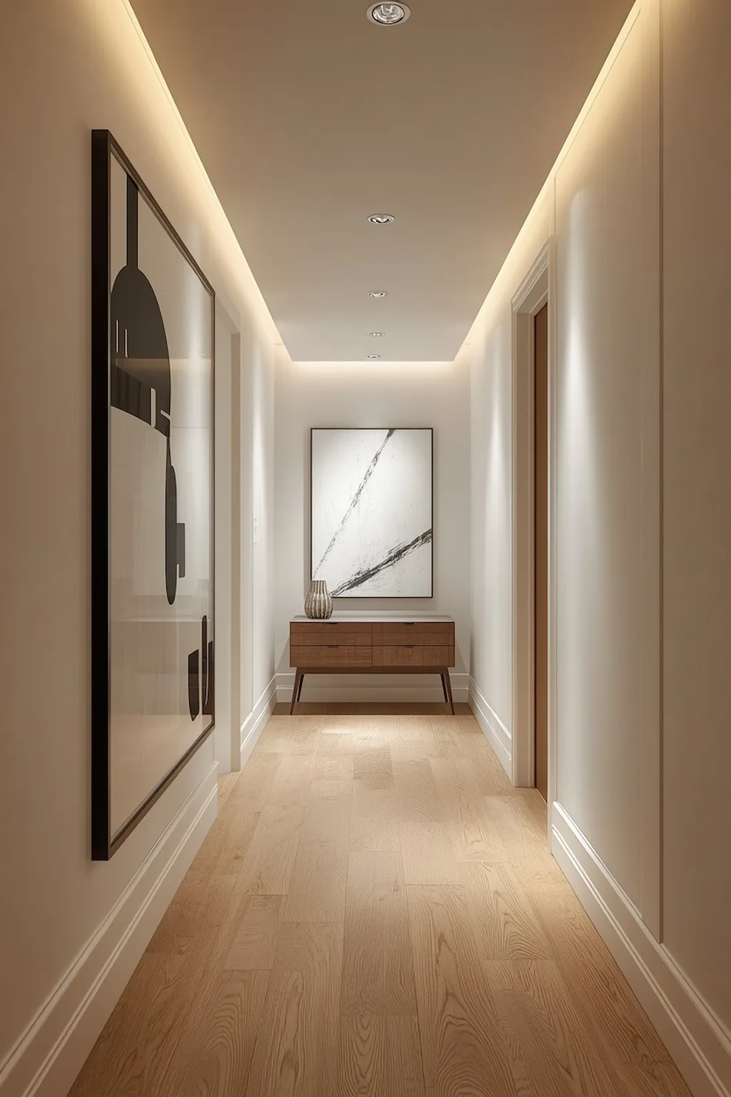 Small hallway featuring a large statement artwork on the wall