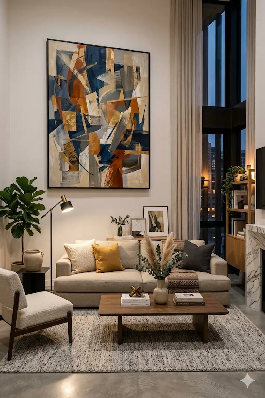 Modern living room featuring large statement artwork above a stylish sofa