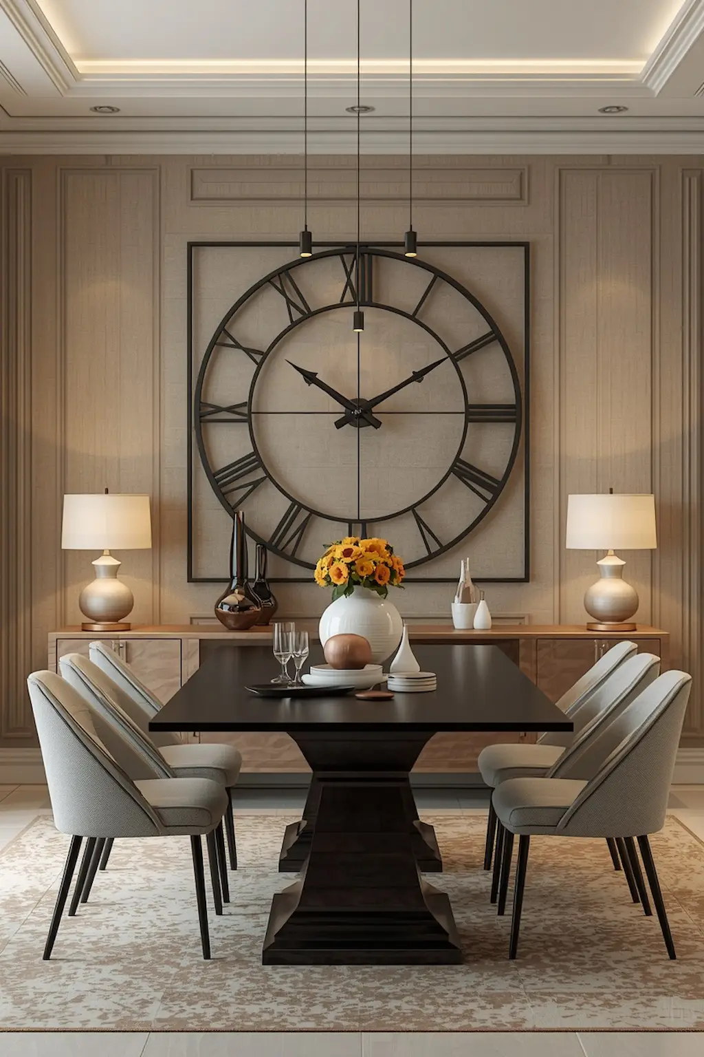 Large modern wall clock displayed as statement decor in a dining room