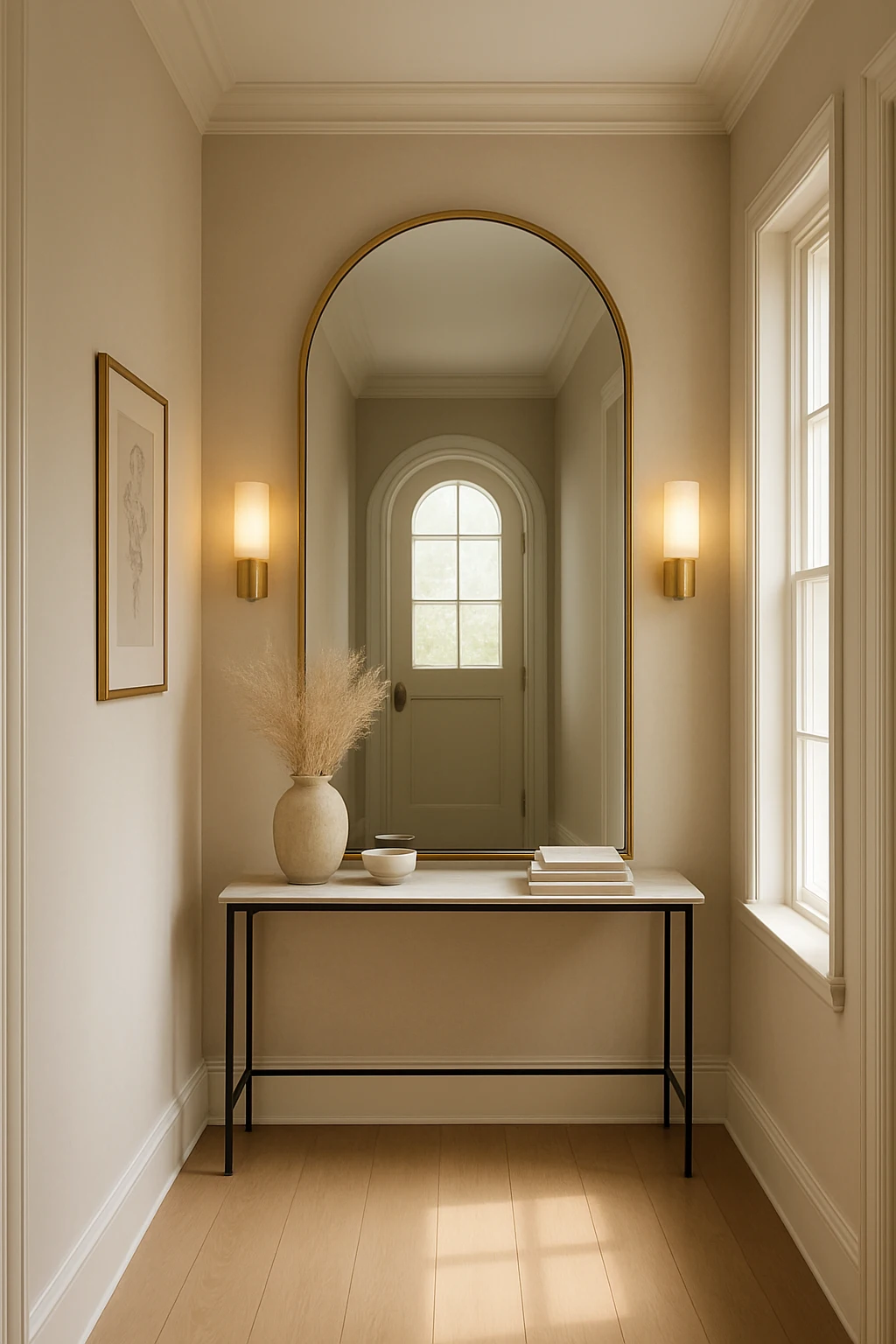 Small hallway featuring a large decorative mirror that makes the space feel bigger