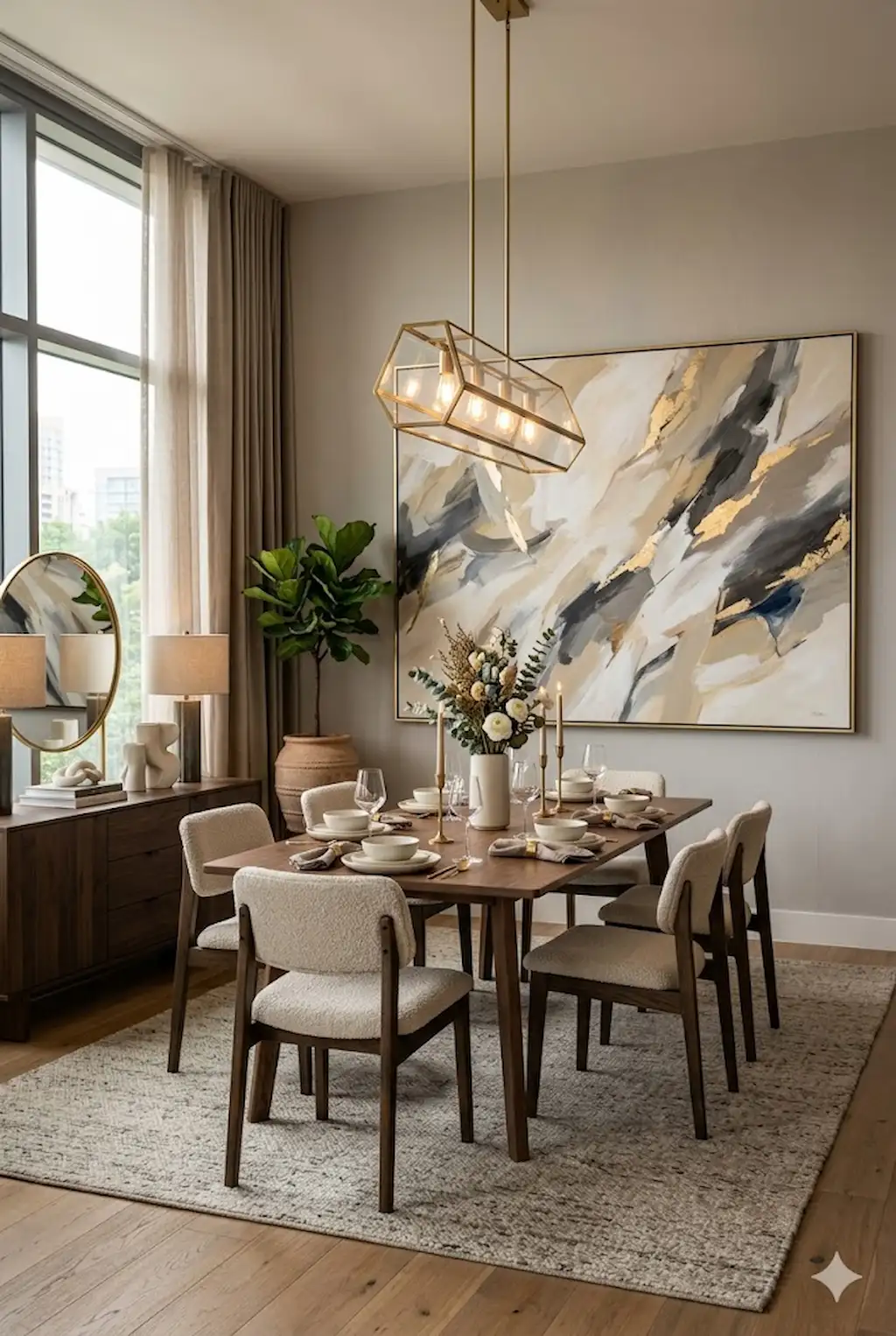 Modern dining room featuring large statement artwork above a stylish dining table