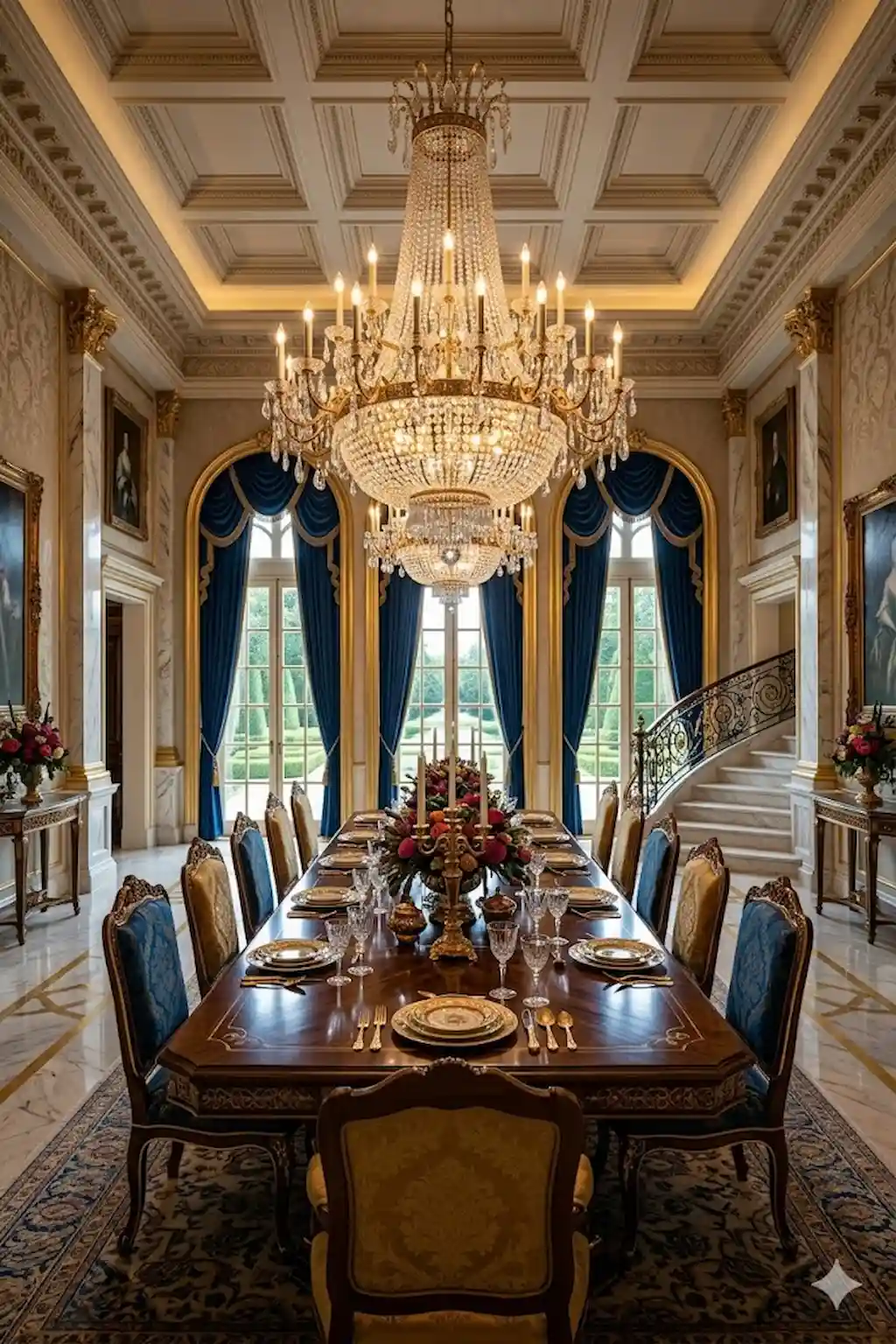 Luxury dining room showcasing an oversized statement light fixture