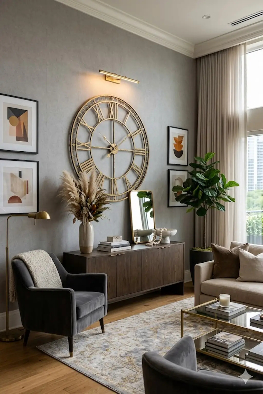 Living room featuring a large decorative wall clock above a console table