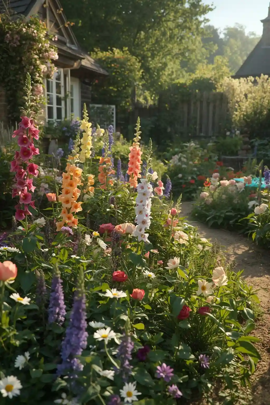 Gladiolus mixed with roses, daisies, and lavender in a cottage garden