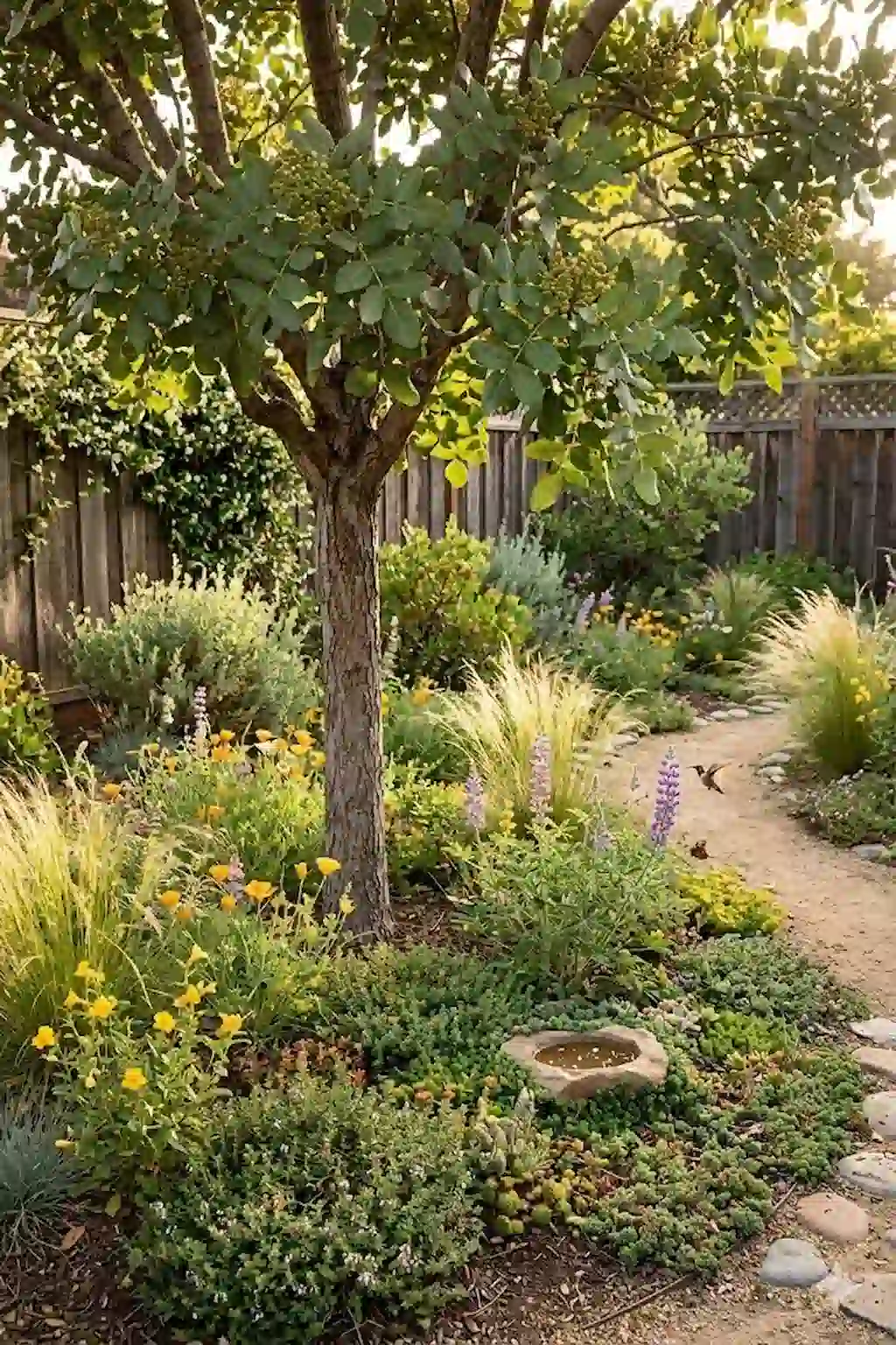 Pistachio tree surrounded by native grasses and wildflowers