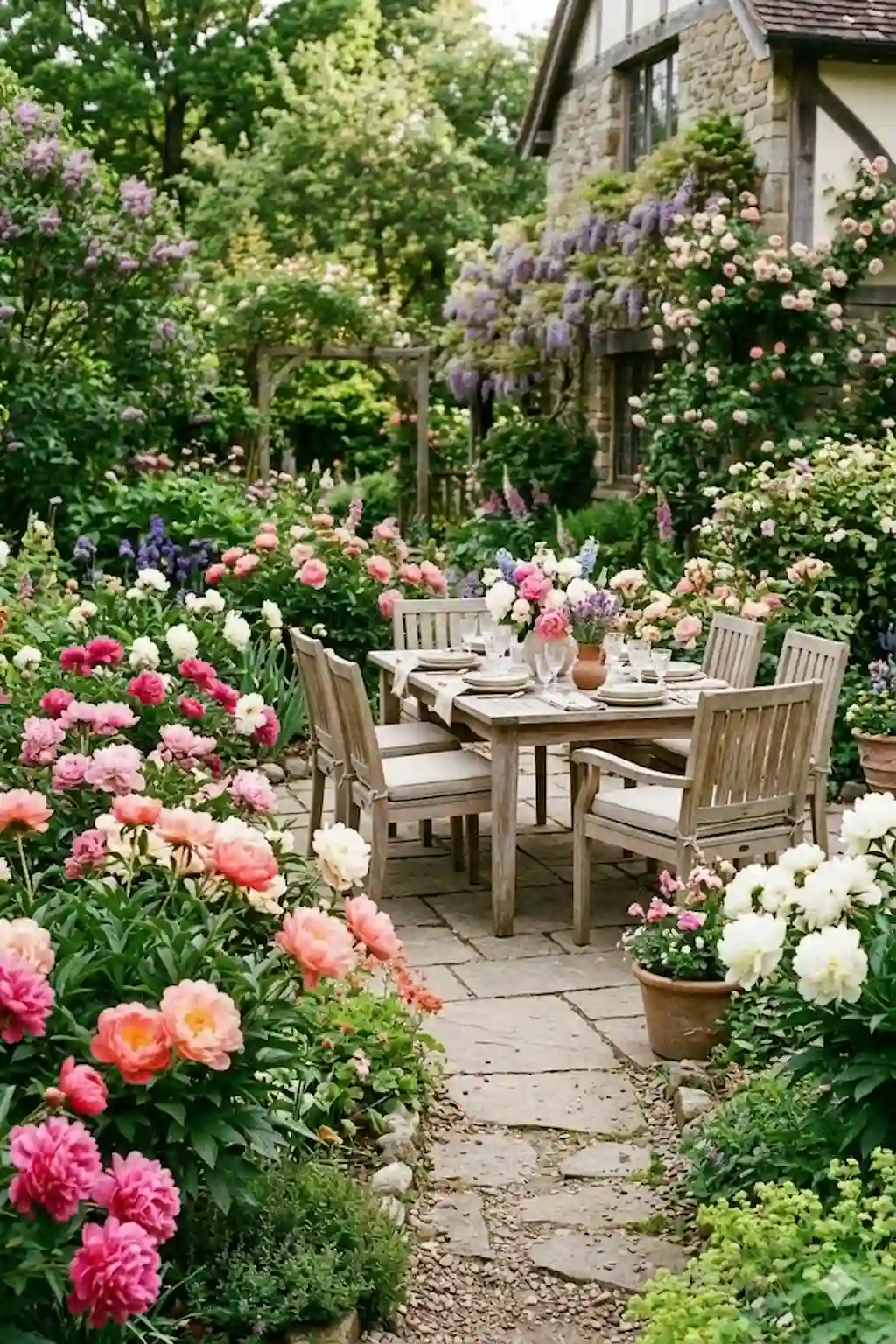 Outdoor patio surrounded by colorful blooming peonies and lush garden landscaping