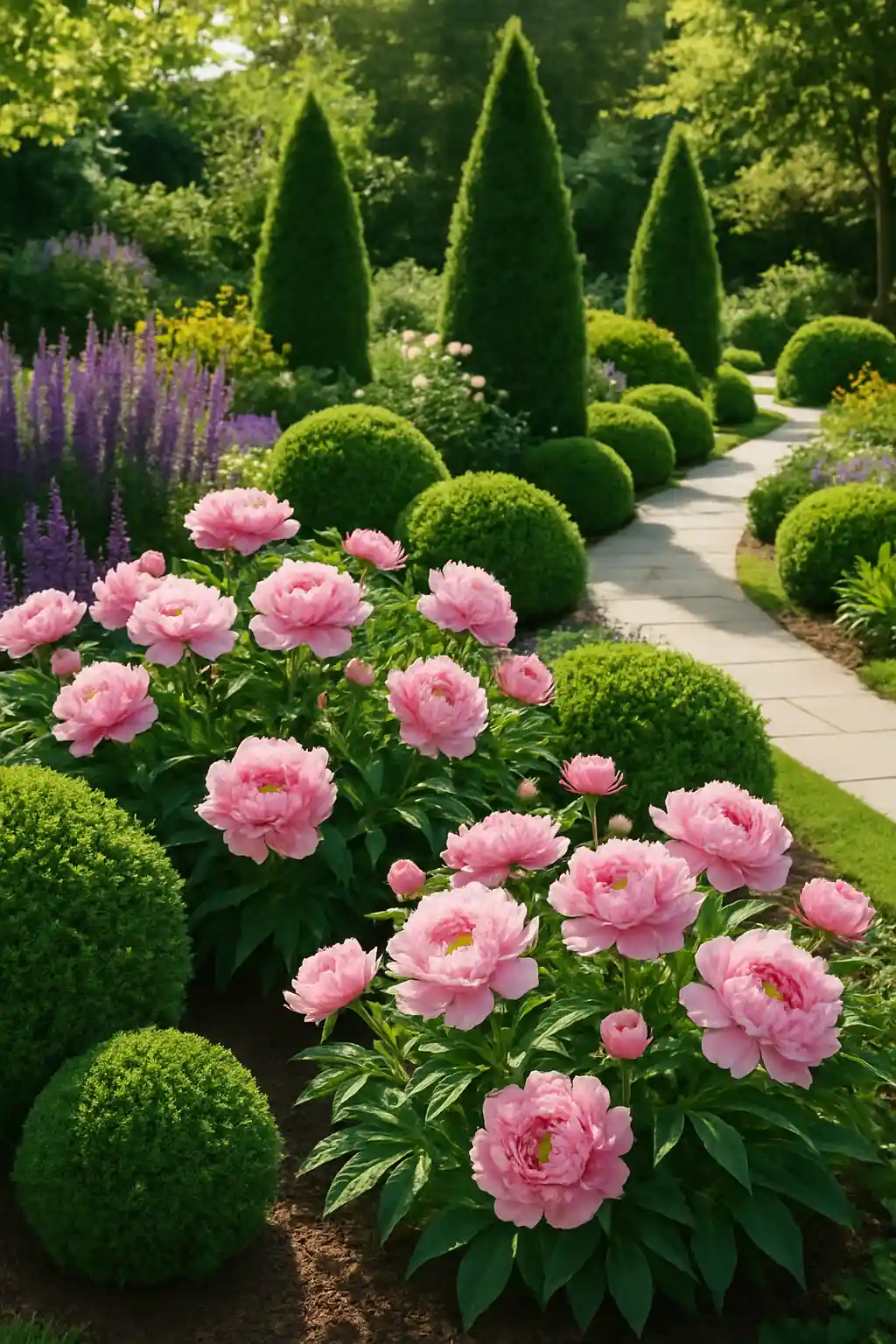 Peony flowers paired with evergreen shrubs in a balanced landscape design