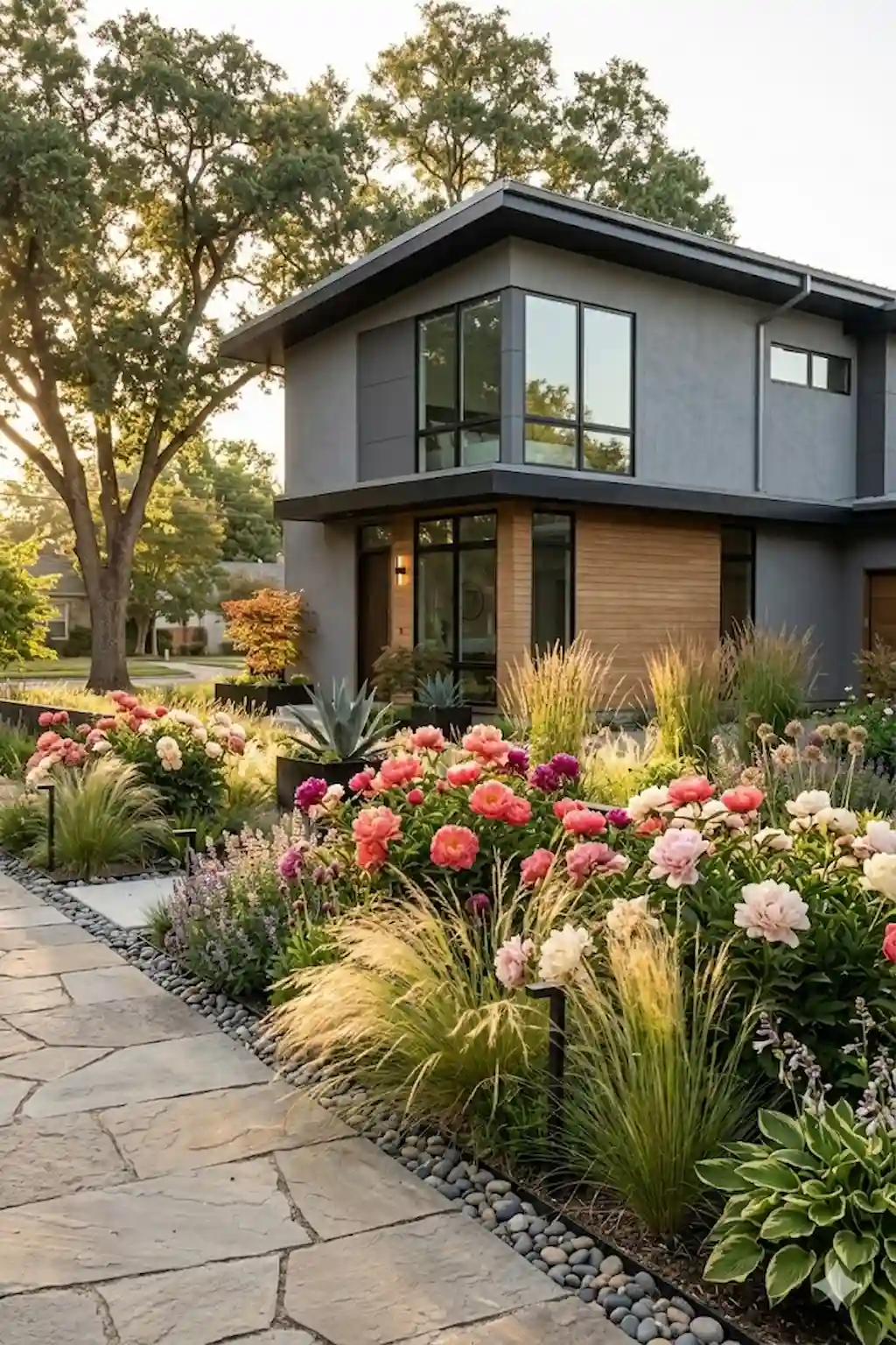 Blooming peonies paired with ornamental grasses for texture and movement