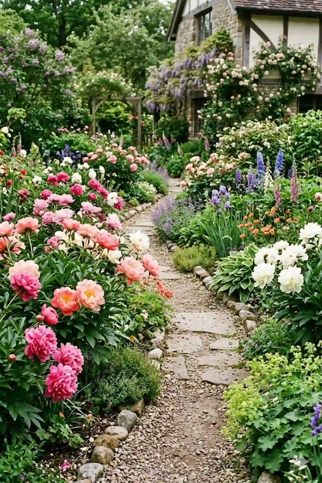 Garden pathway lined with colorful blooming peonies creating a stunning floral border