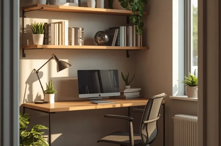 Small modern study area with desk, shelves, chair, and natural lighting in a compact home workspace