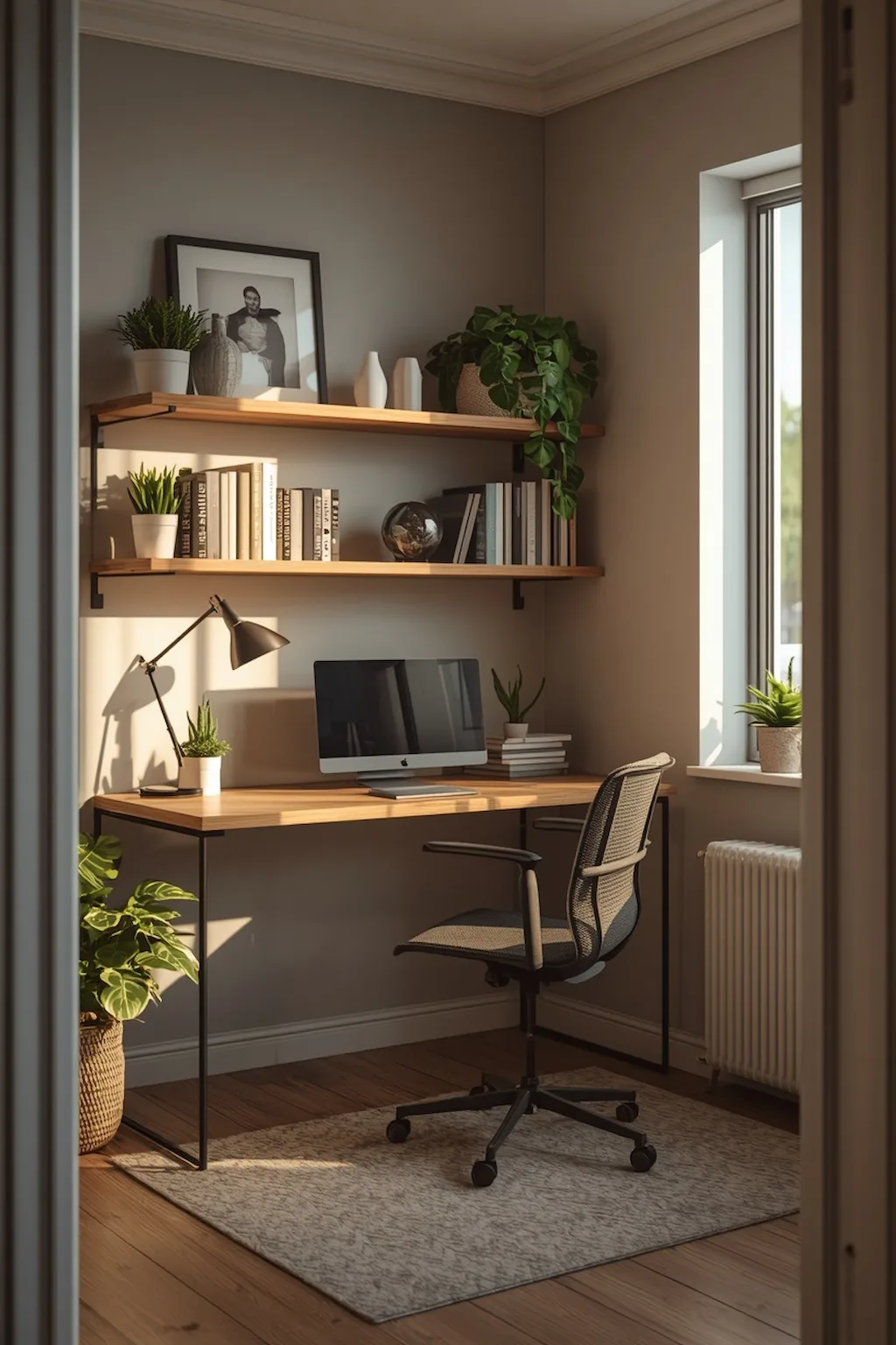 Small modern study area with desk, shelves, chair, and natural lighting in a compact home workspace