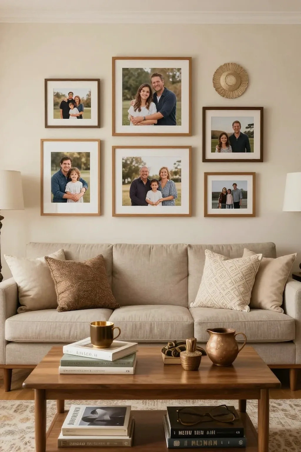 Cozy living room decorated with books, family photos, and meaningful personal touches