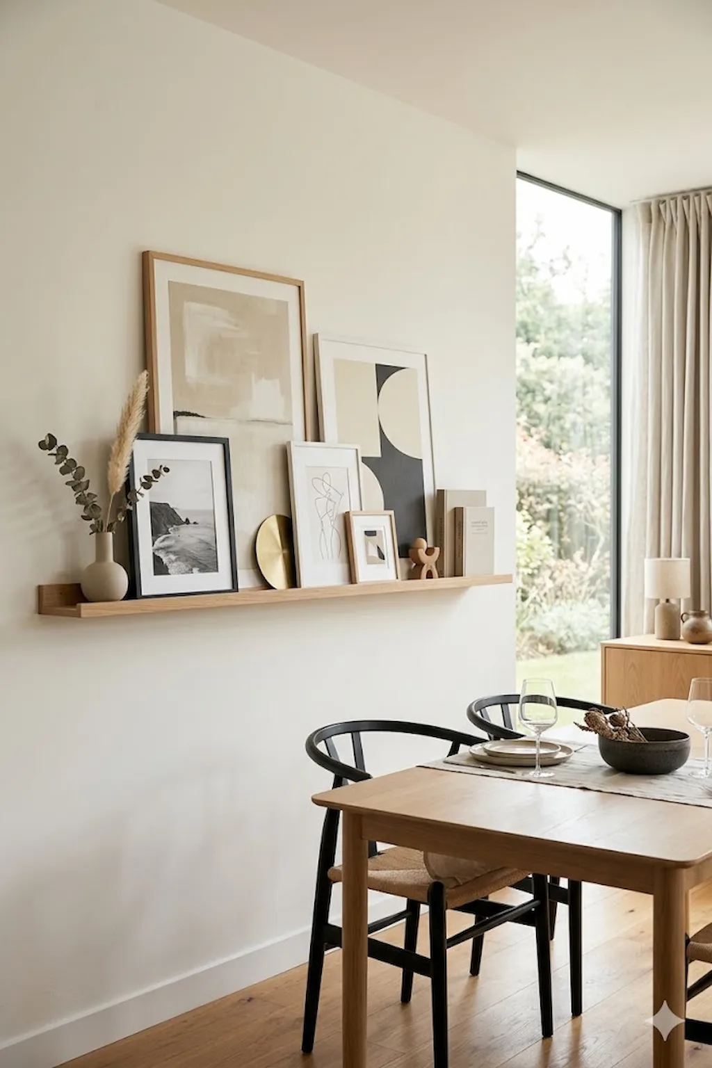 Modern picture ledge displaying framed artwork and decor in a minimalist dining room