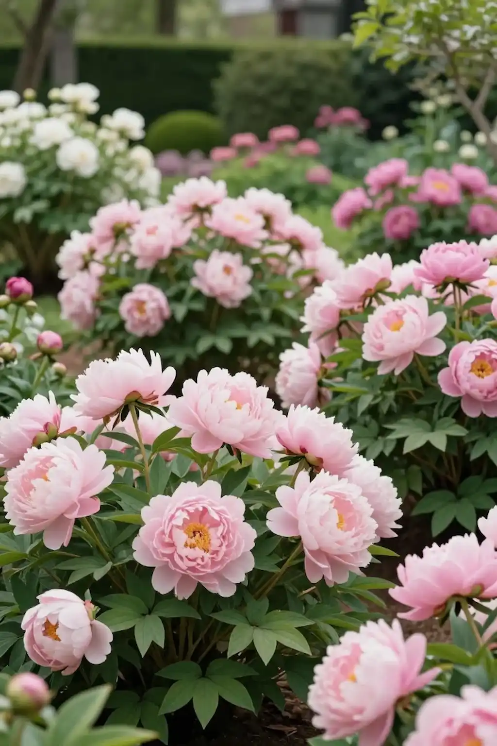Monochromatic pink peony garden creating a romantic and elegant backyard