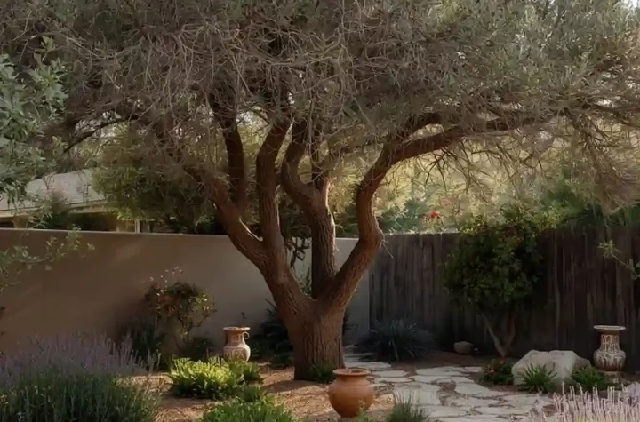 Beautiful backyard landscape featuring a mature pistachio tree surrounded by Mediterranean-style plants and stone pathways