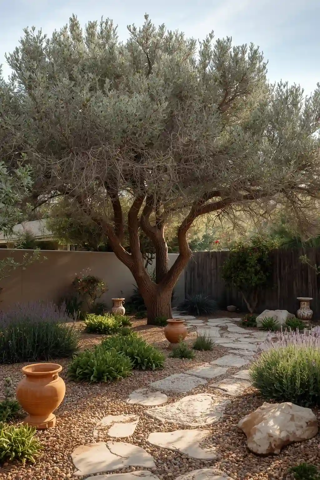 Beautiful backyard landscape featuring a mature pistachio tree surrounded by Mediterranean-style plants and stone pathways