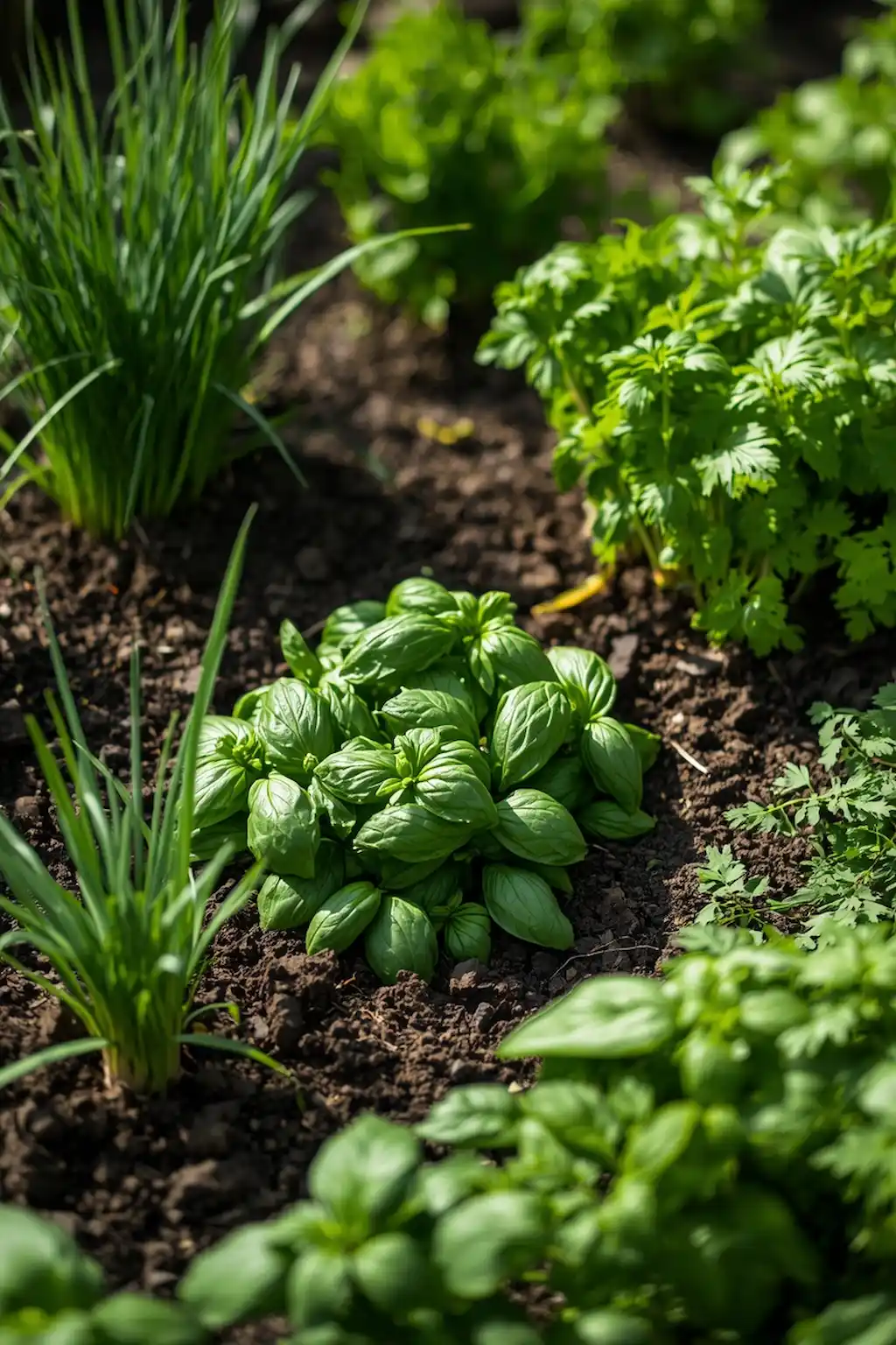 Chives growing alongside herbs in a raised garden bed