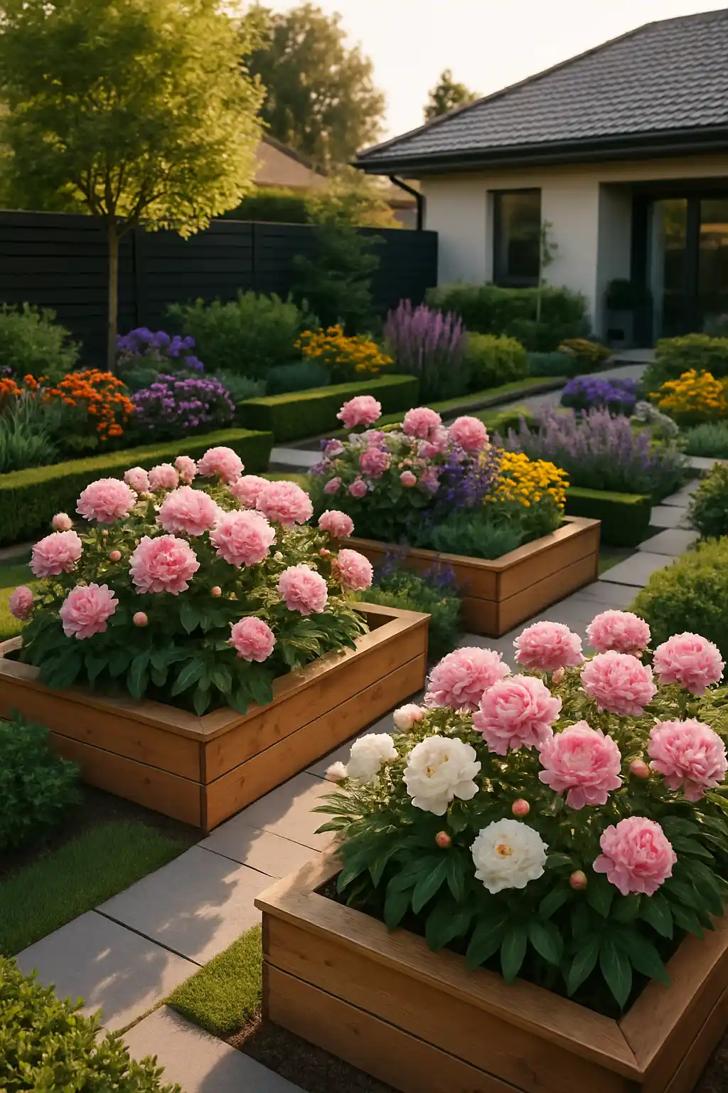 Raised flower beds showcasing colorful peony blooms in a modern backyard