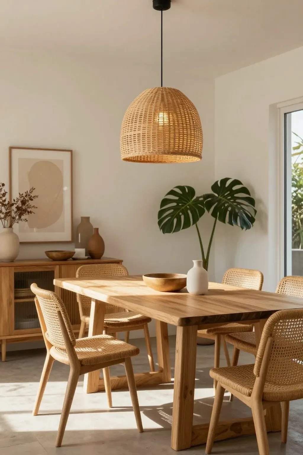 Boho dining room with a woven rattan pendant light