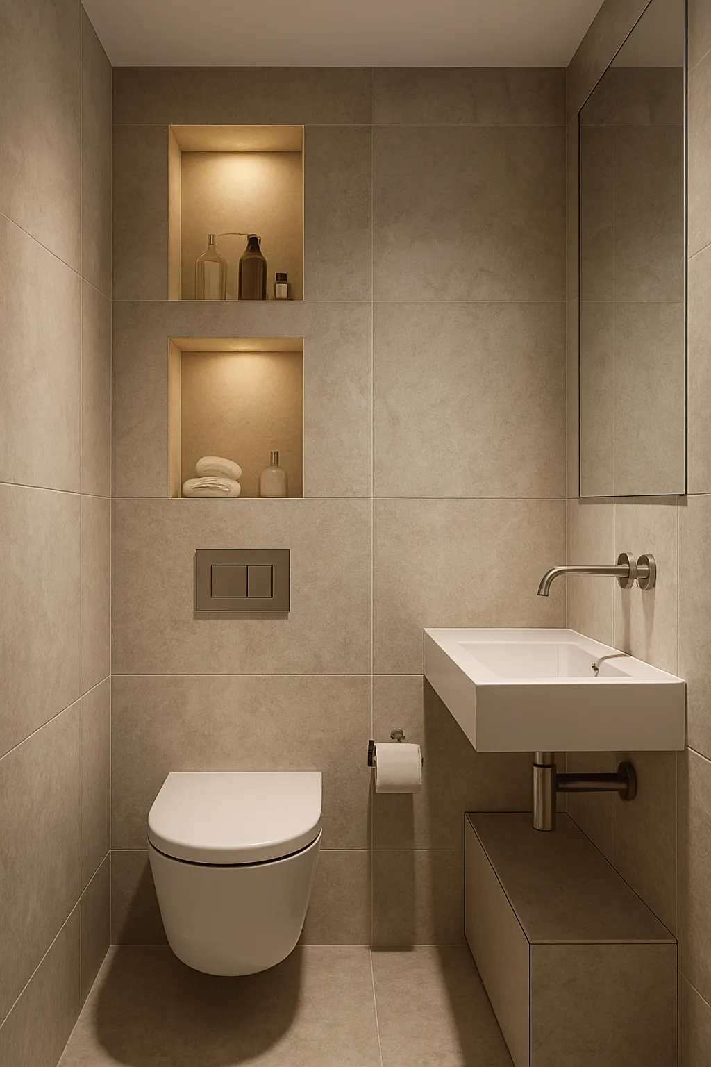 Small bathroom featuring built-in recessed wall storage niches for toiletries and decor