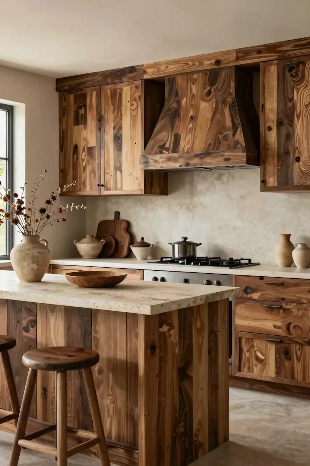 Wabi Sabi kitchen featuring reclaimed wood island, shelving, and rustic details