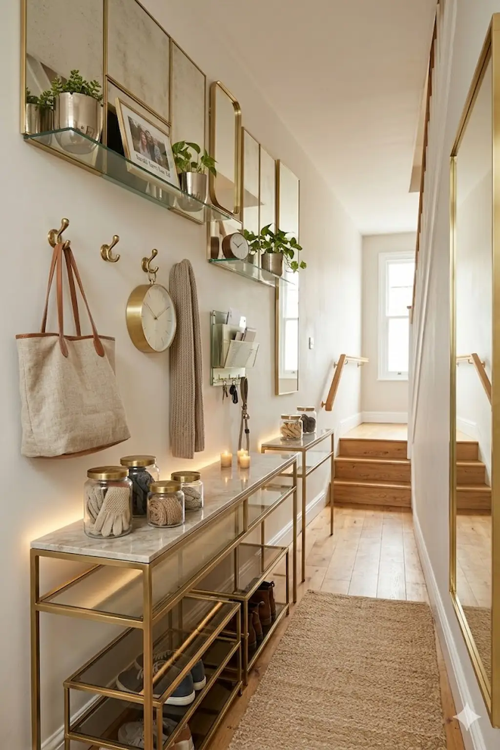 Tiny hallway with mirrors and reflective surfaces creating brightness