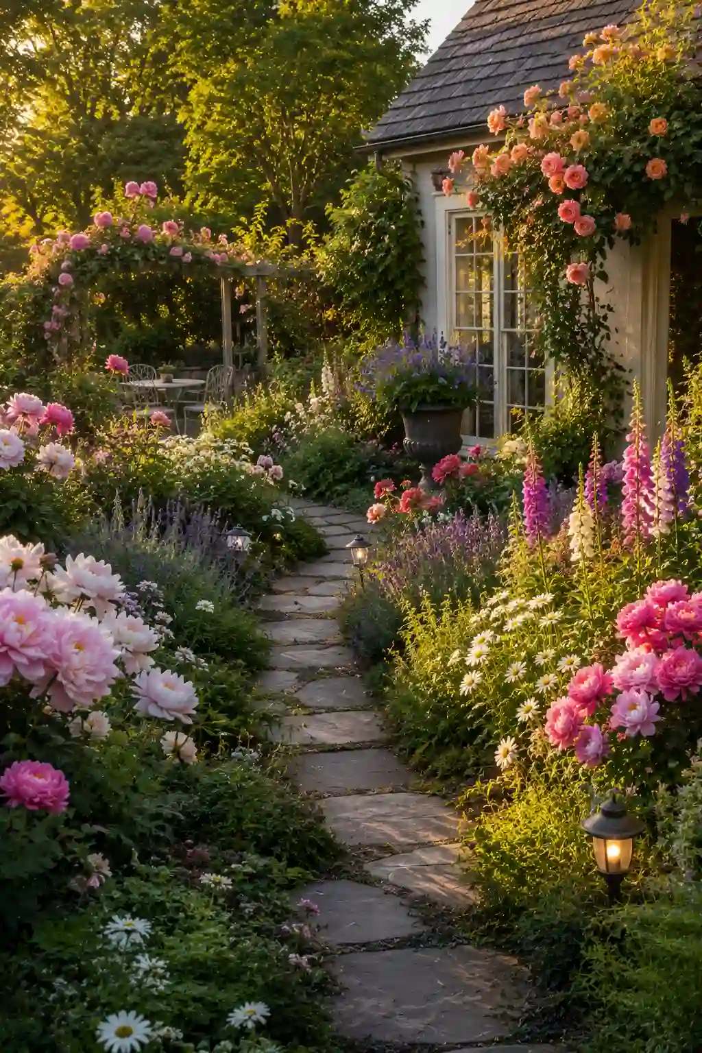 Cottage garden filled with peonies, roses, and lavender creating a romantic landscape