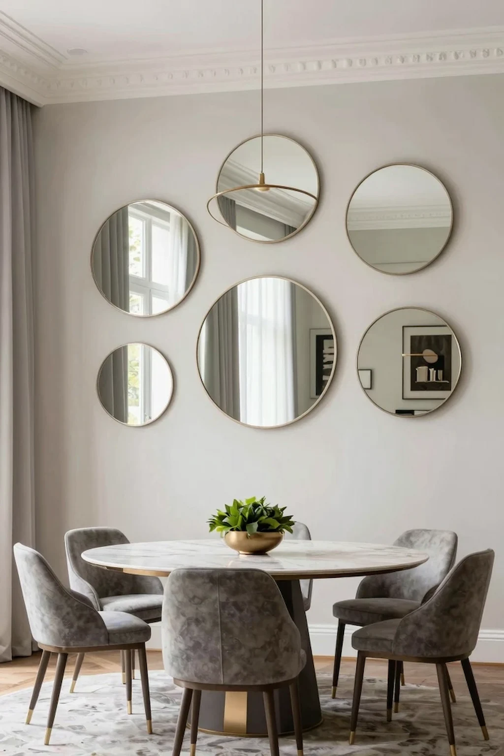 Dining room wall decorated with a collection of stylish round mirrors
