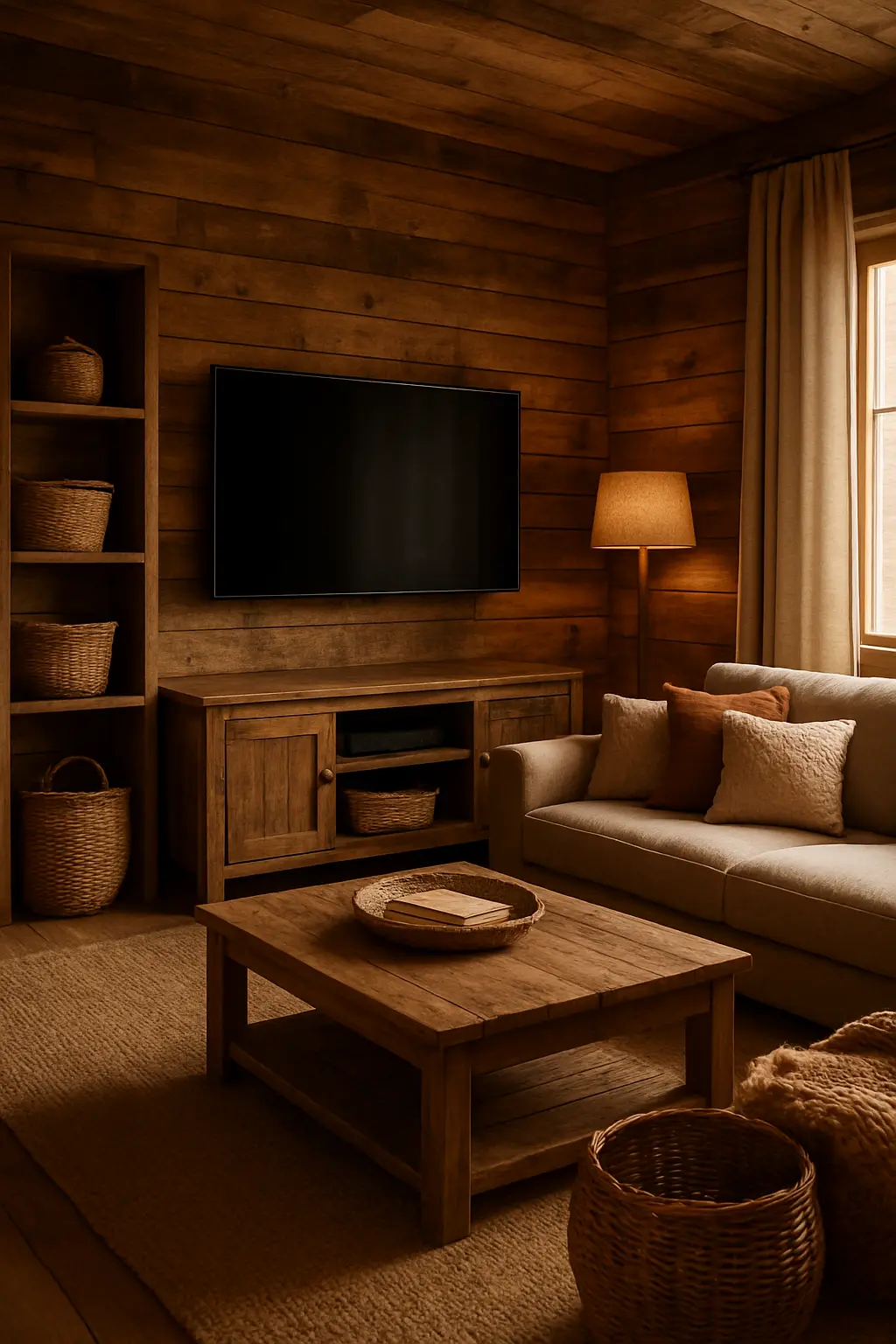 Rustic-style TV room featuring natural wood furniture and warm decor