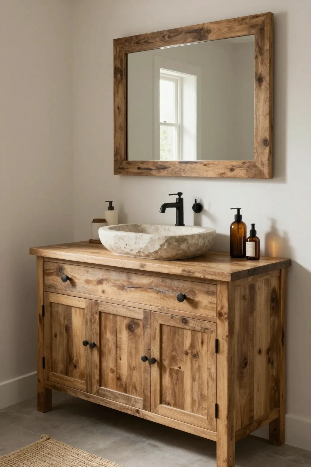 Bathroom featuring reclaimed wood cabinetry with natural texture and rustic charm