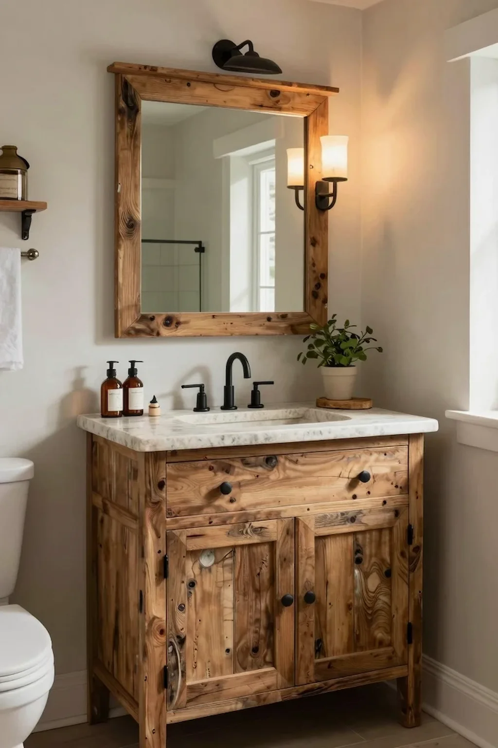 Bathroom showcasing reclaimed wood cabinetry with natural texture and rustic charm