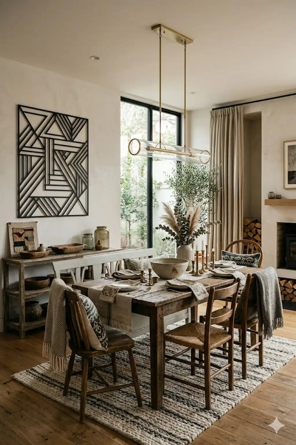 Cozy Nordic dining room with reclaimed wood furniture and rustic decor