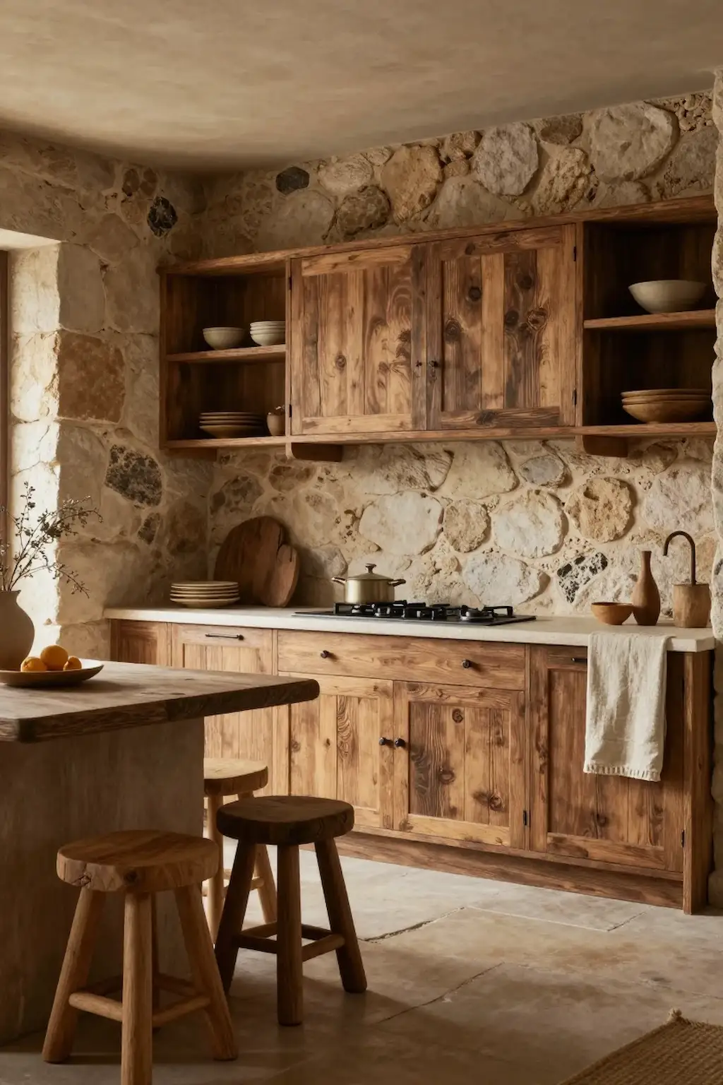 Rustic kitchen with stone walls, weathered wood cabinetry, and natural textures