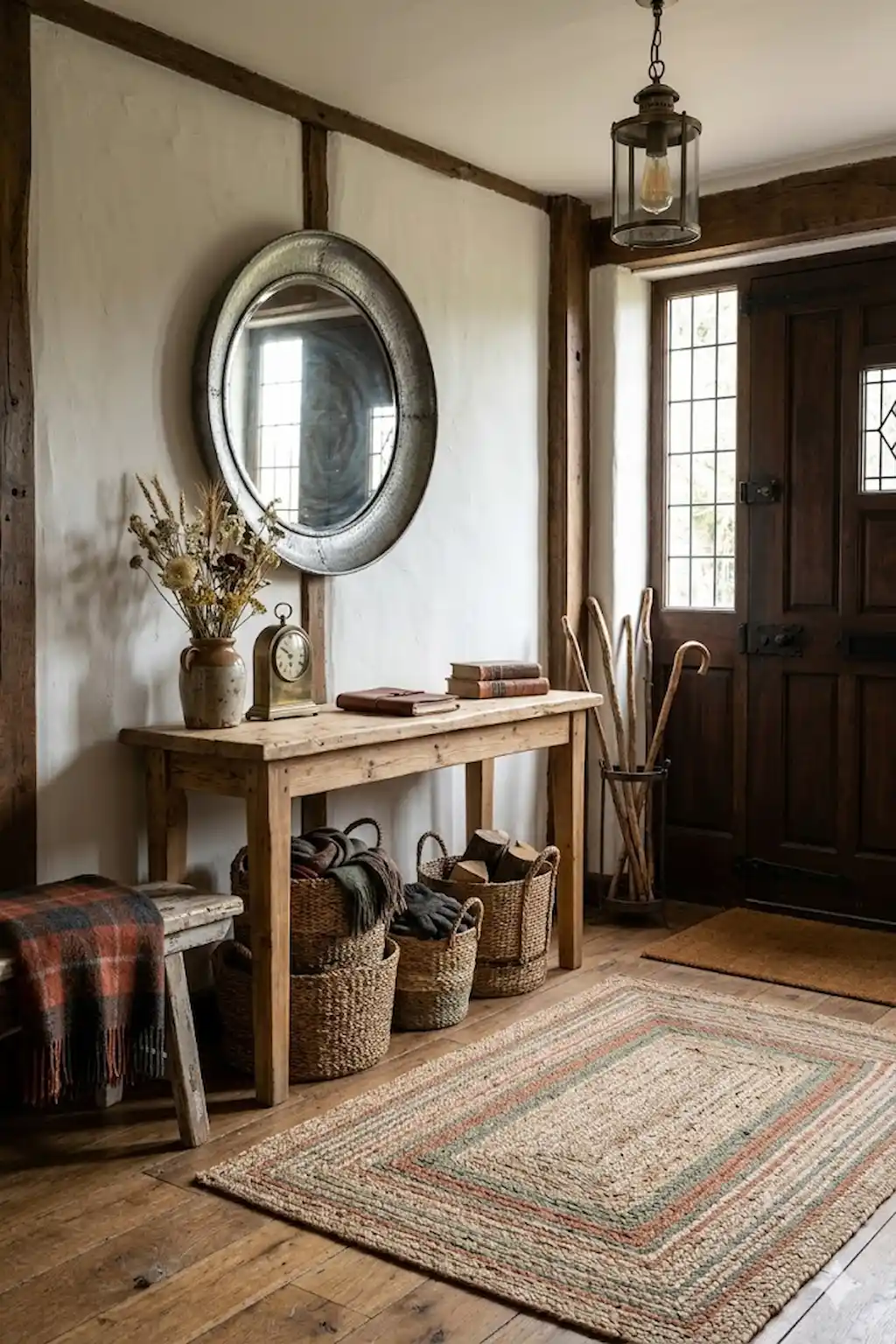 Rustic entryway with natural wood furniture and cozy decor