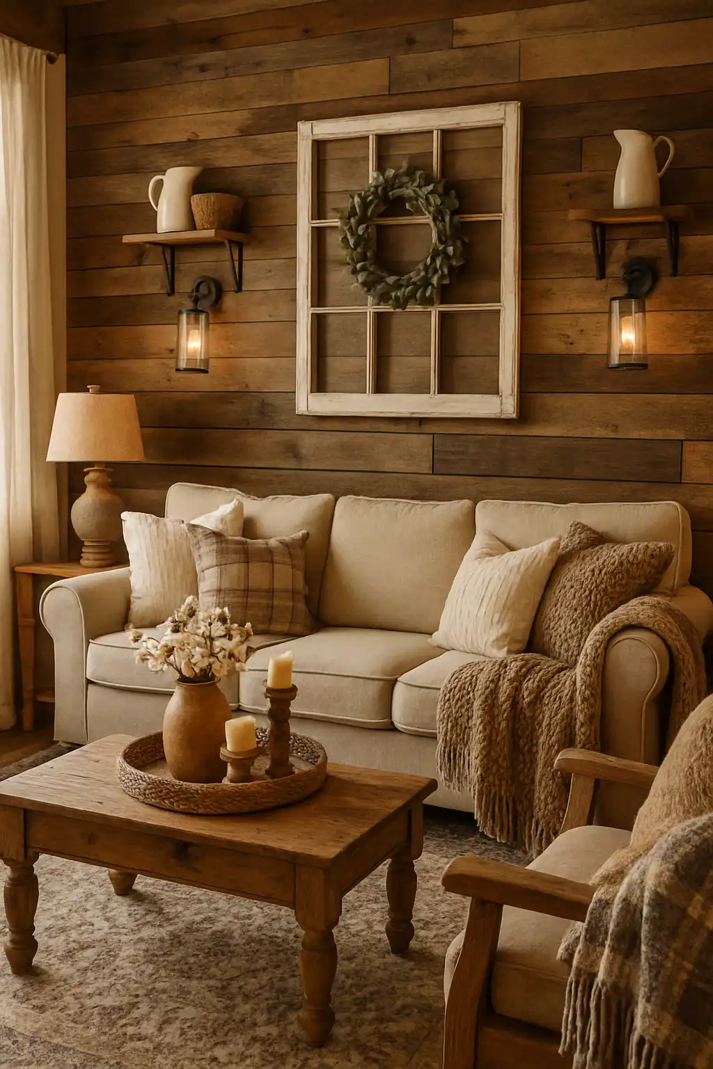 Cozy living room featuring rustic wood wall accents and farmhouse decor
