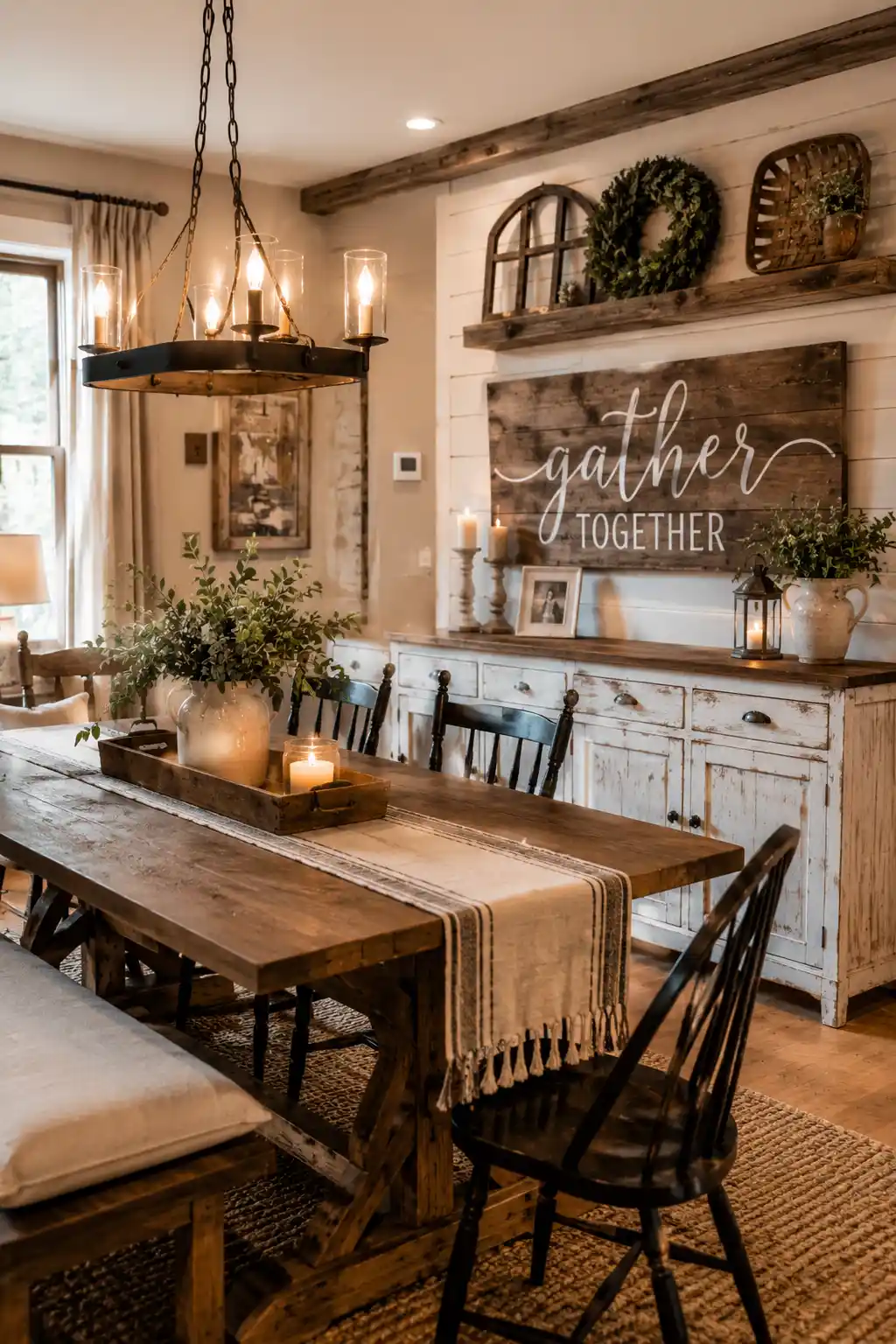 Farmhouse dining room featuring decorative rustic wooden wall signs