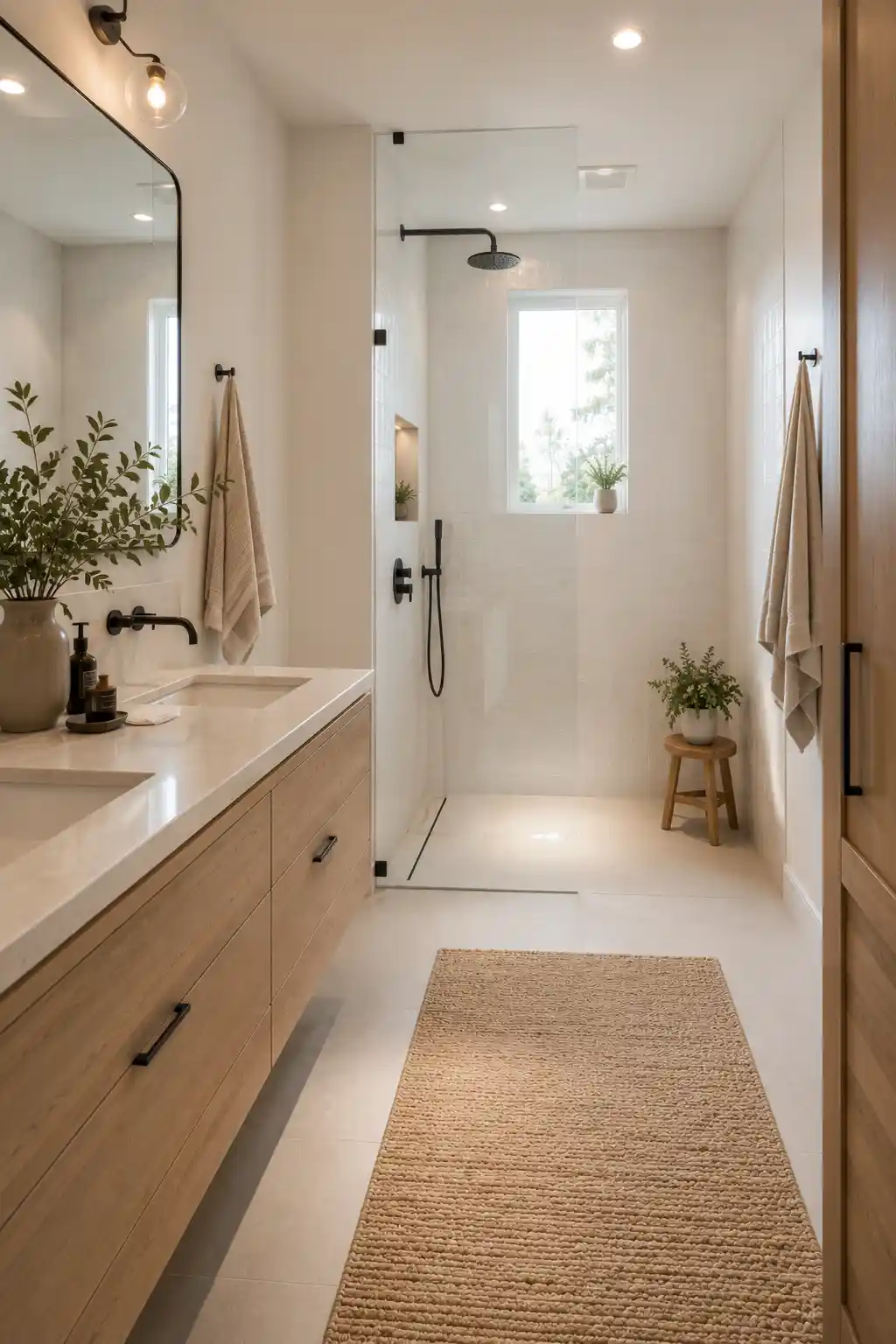 Scandinavian bathroom with curbless shower, light wood accents, and neutral decor
