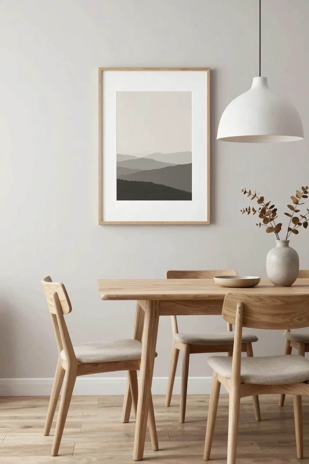 Bright Scandinavian dining room featuring minimalist wall decor and natural wood accents