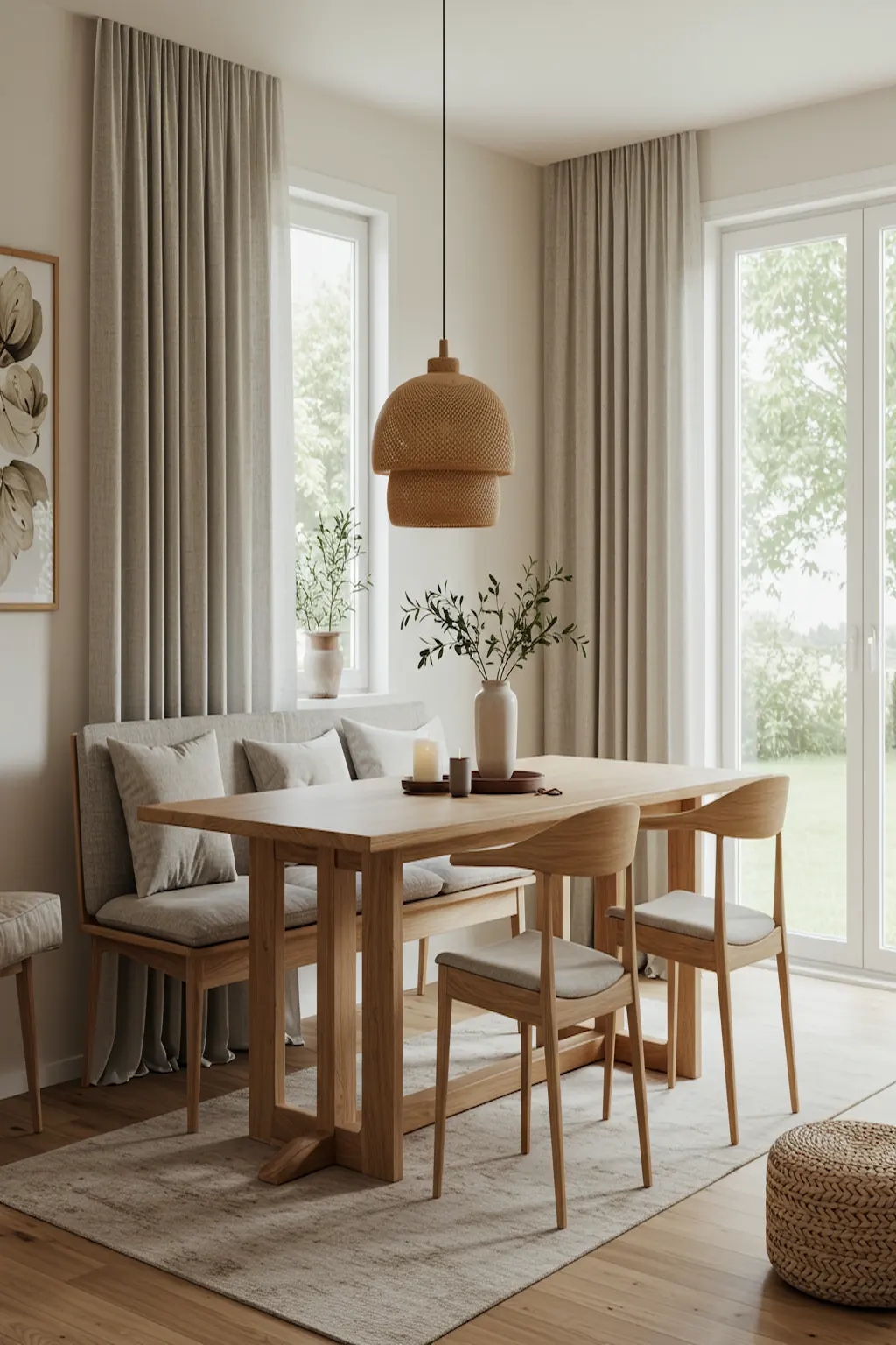 Warm Nordic dining room featuring natural oak furniture and cozy textures