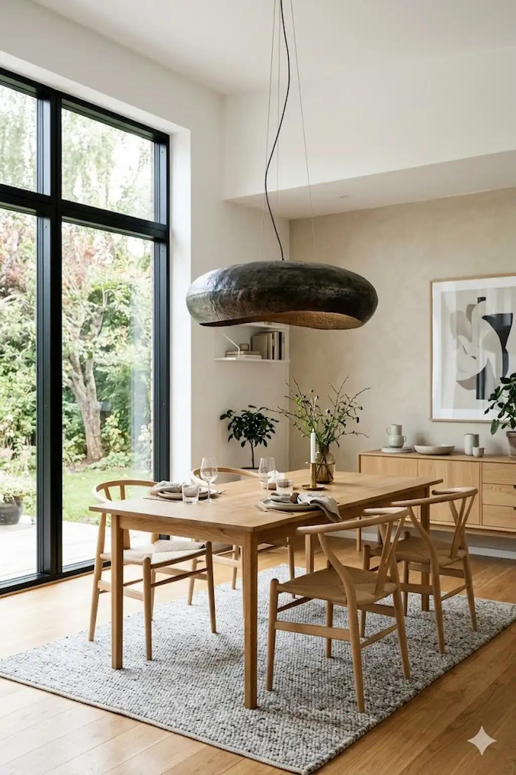 Nordic dining room featuring a large designer pendant light above the dining table