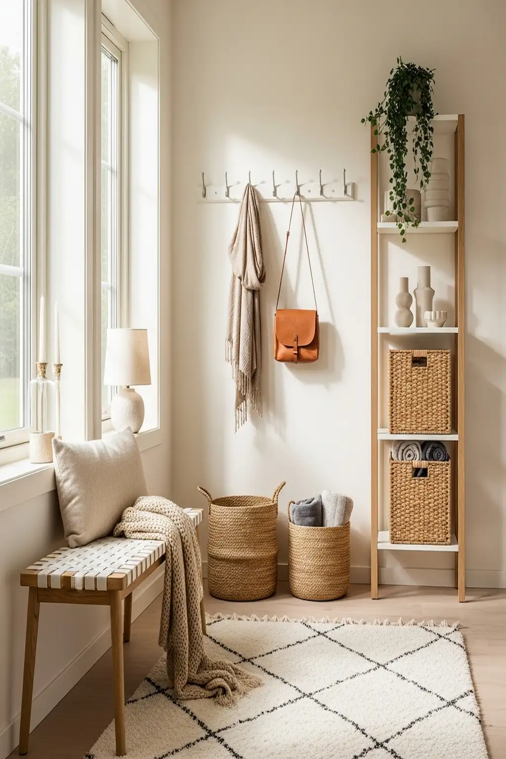 Cozy Scandinavian foyer with light wood furniture and natural textures