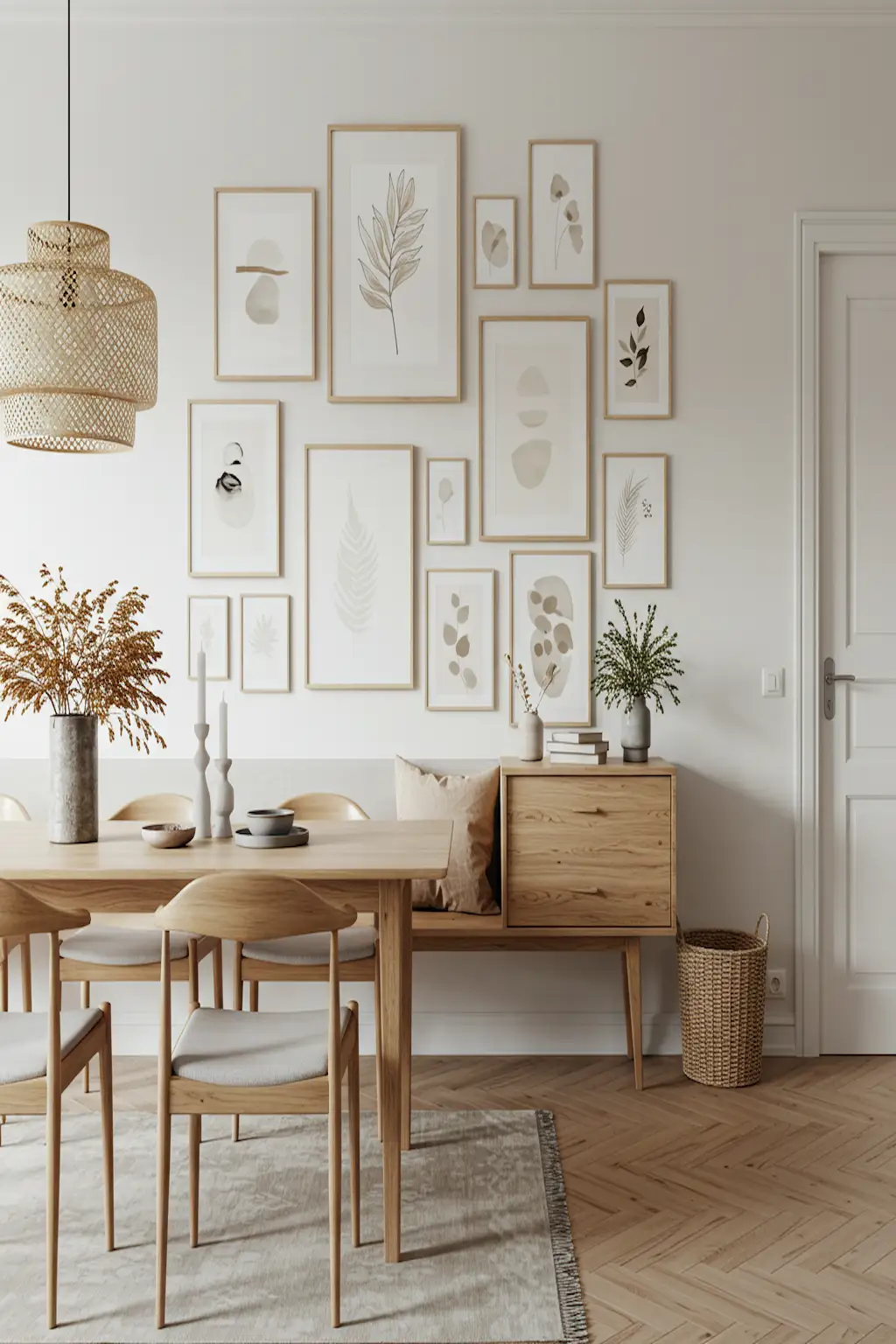 Scandinavian-style dining room with a minimalist gallery wall and neutral artwork
