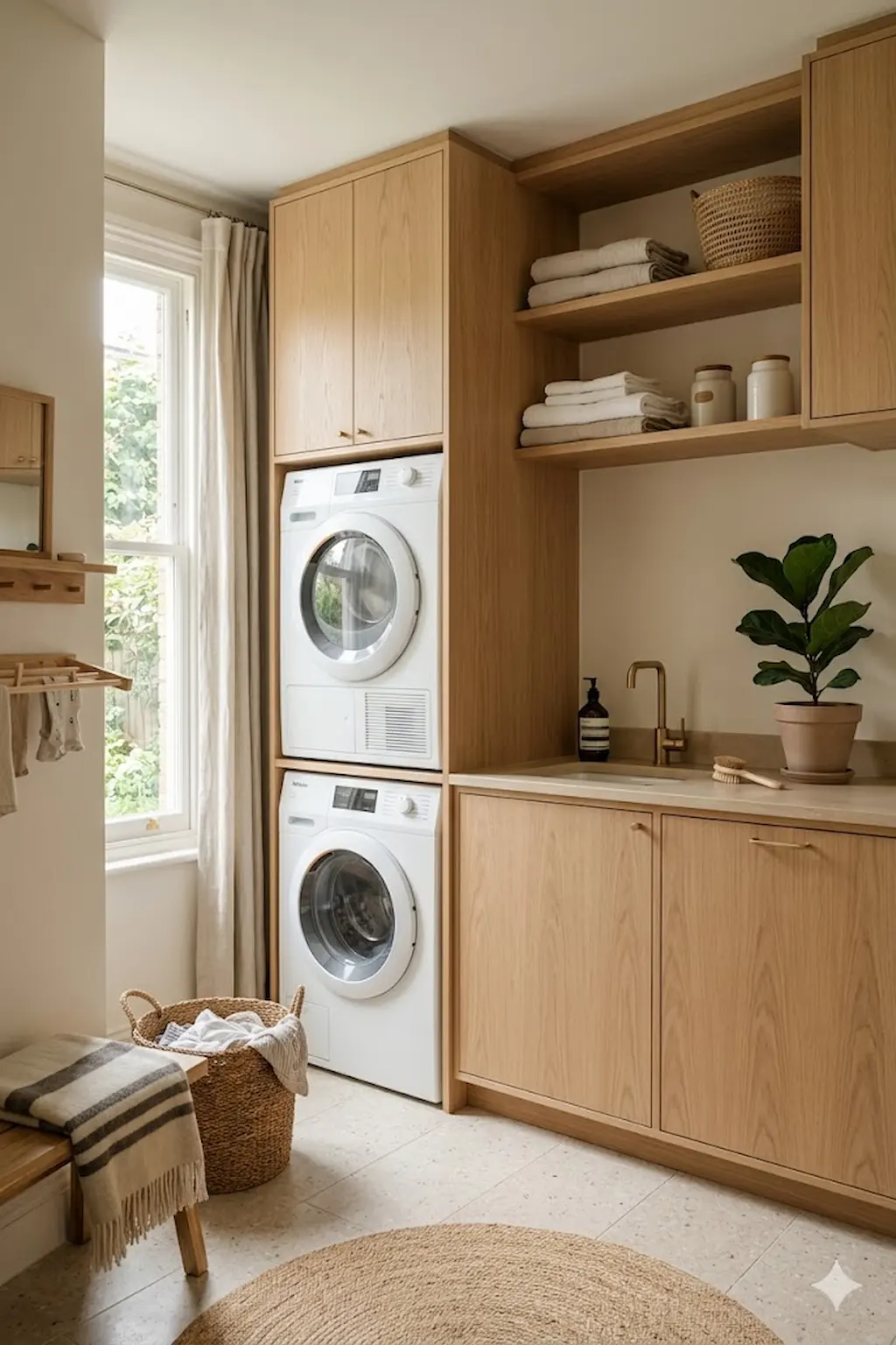 Minimalist Scandinavian laundry room with light wood accents and washer dryer set